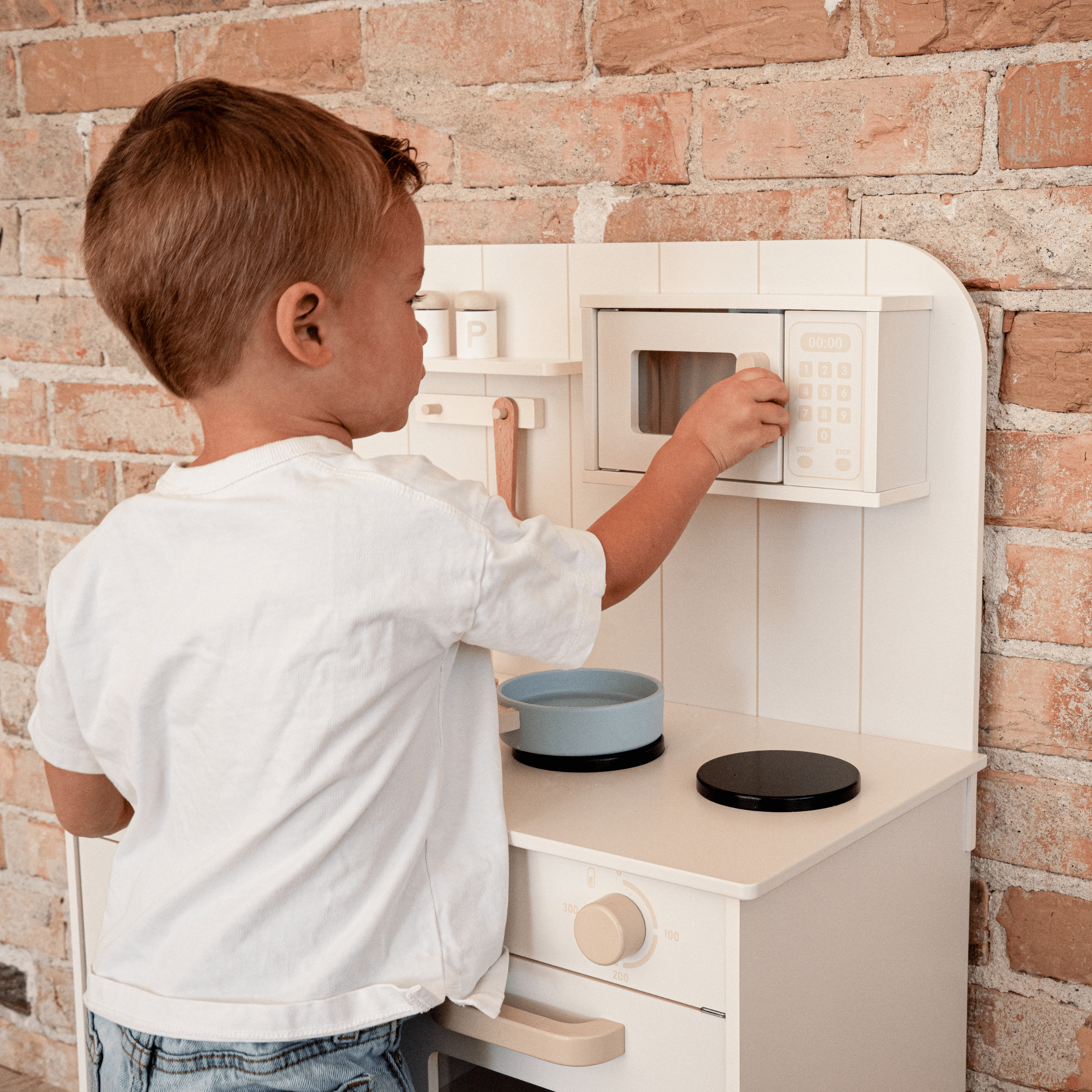 Play kitchen with ice maker and microwave detail