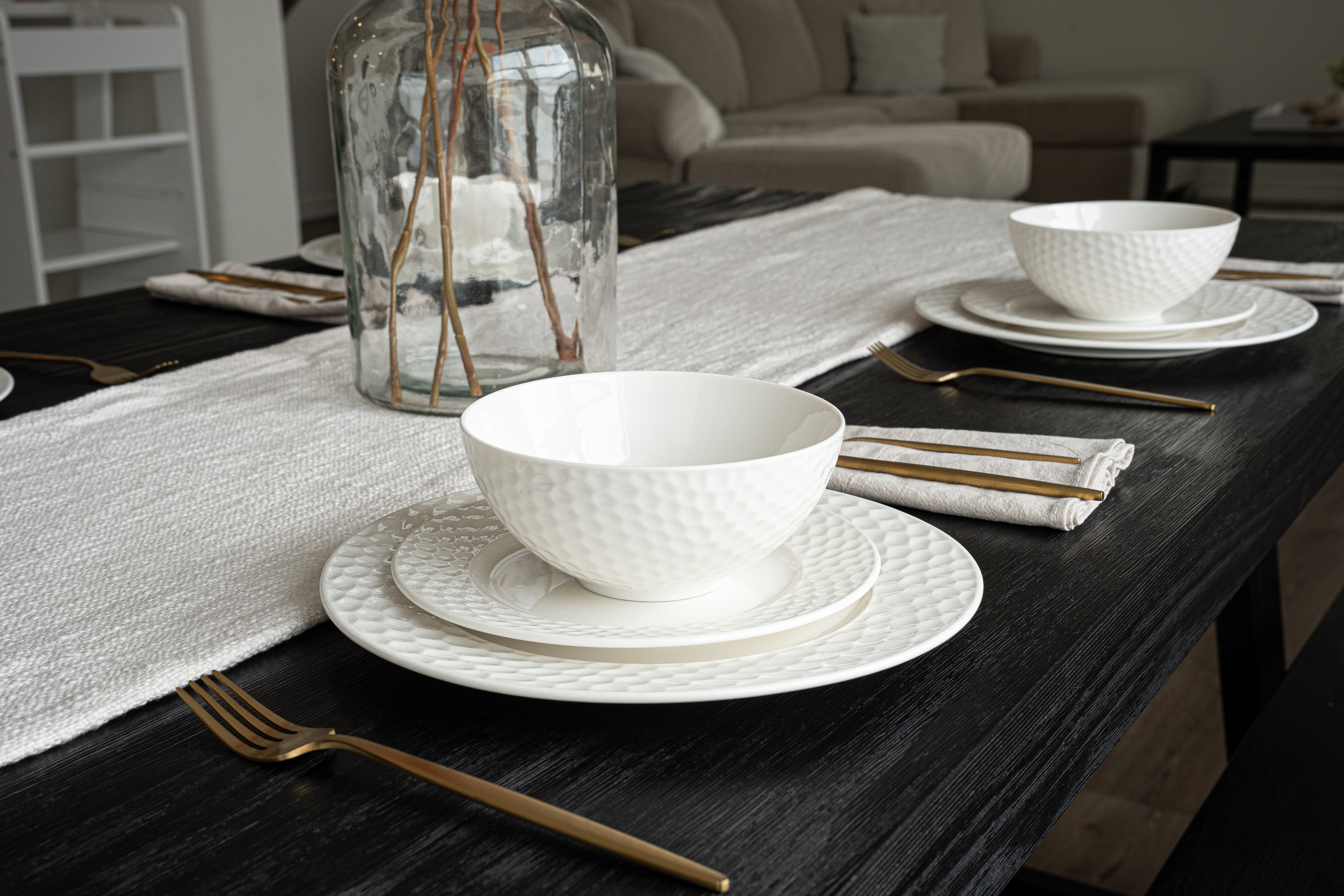 Santorini Collection - Bone China 12 Piece Dinnerware Set (Honeycomb)