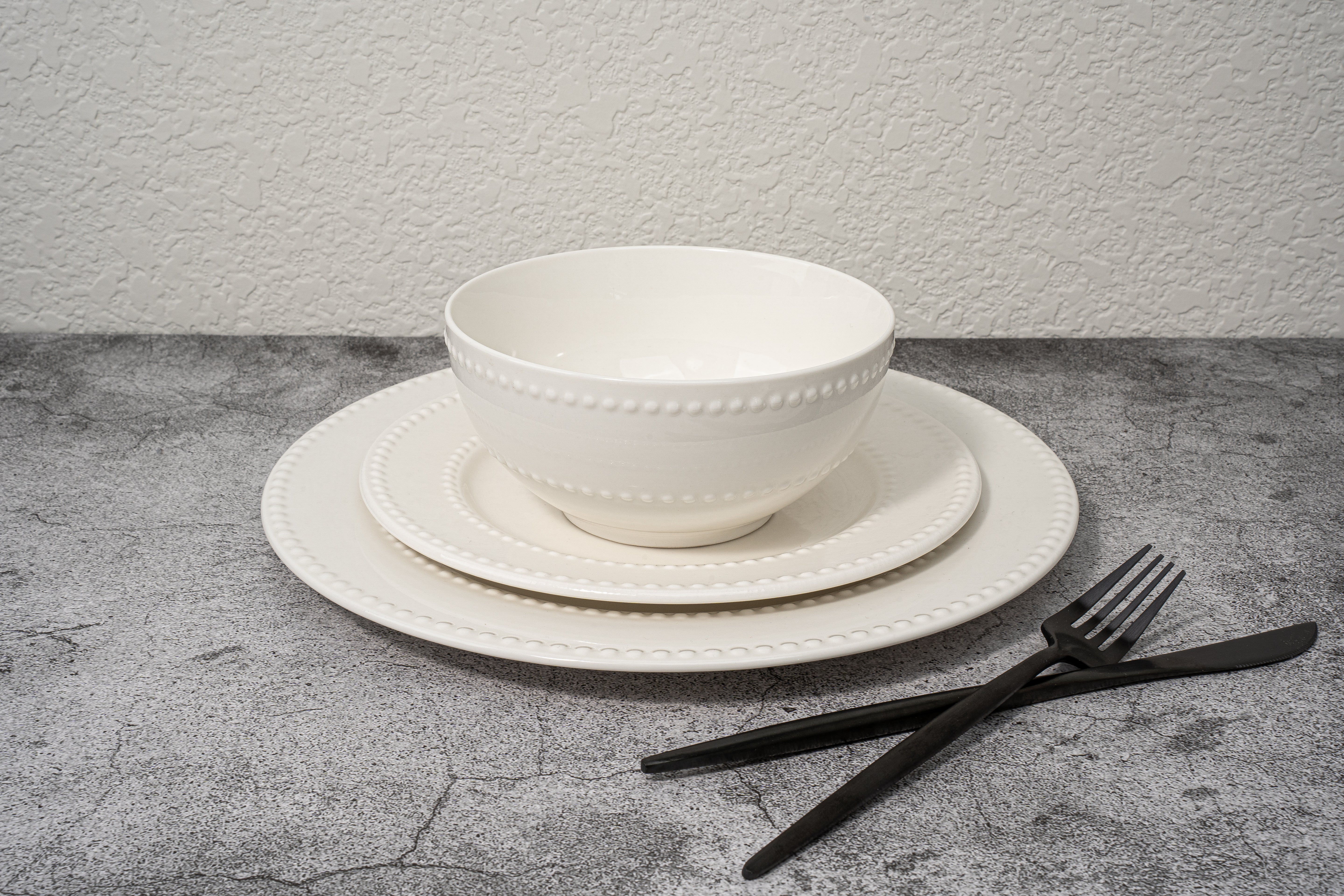 Santorini Collection - New Bone China 12 Piece Dinnerware Set (Beaded)