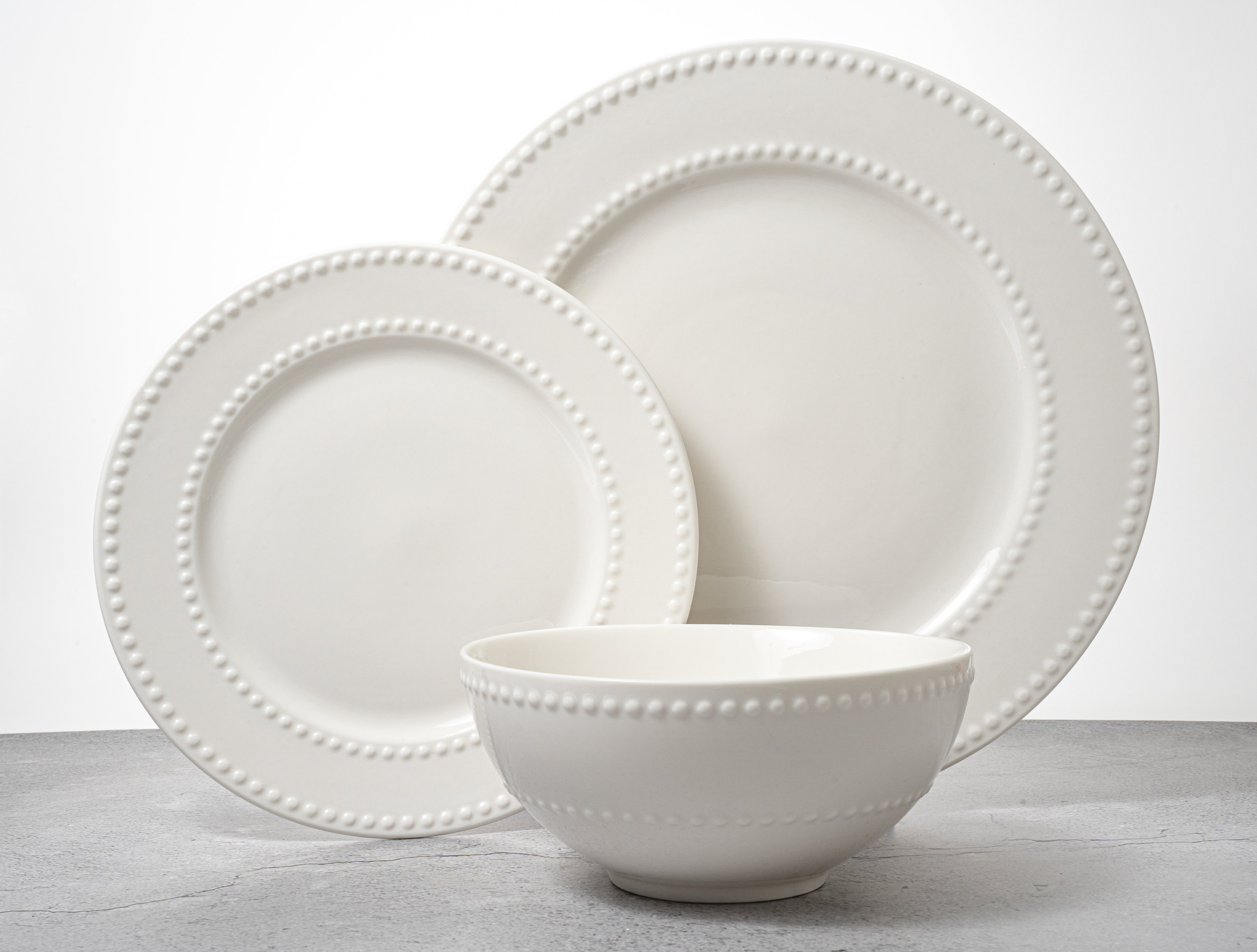 Santorini Collection - New Bone China 12 Piece Dinnerware Set (Beaded)