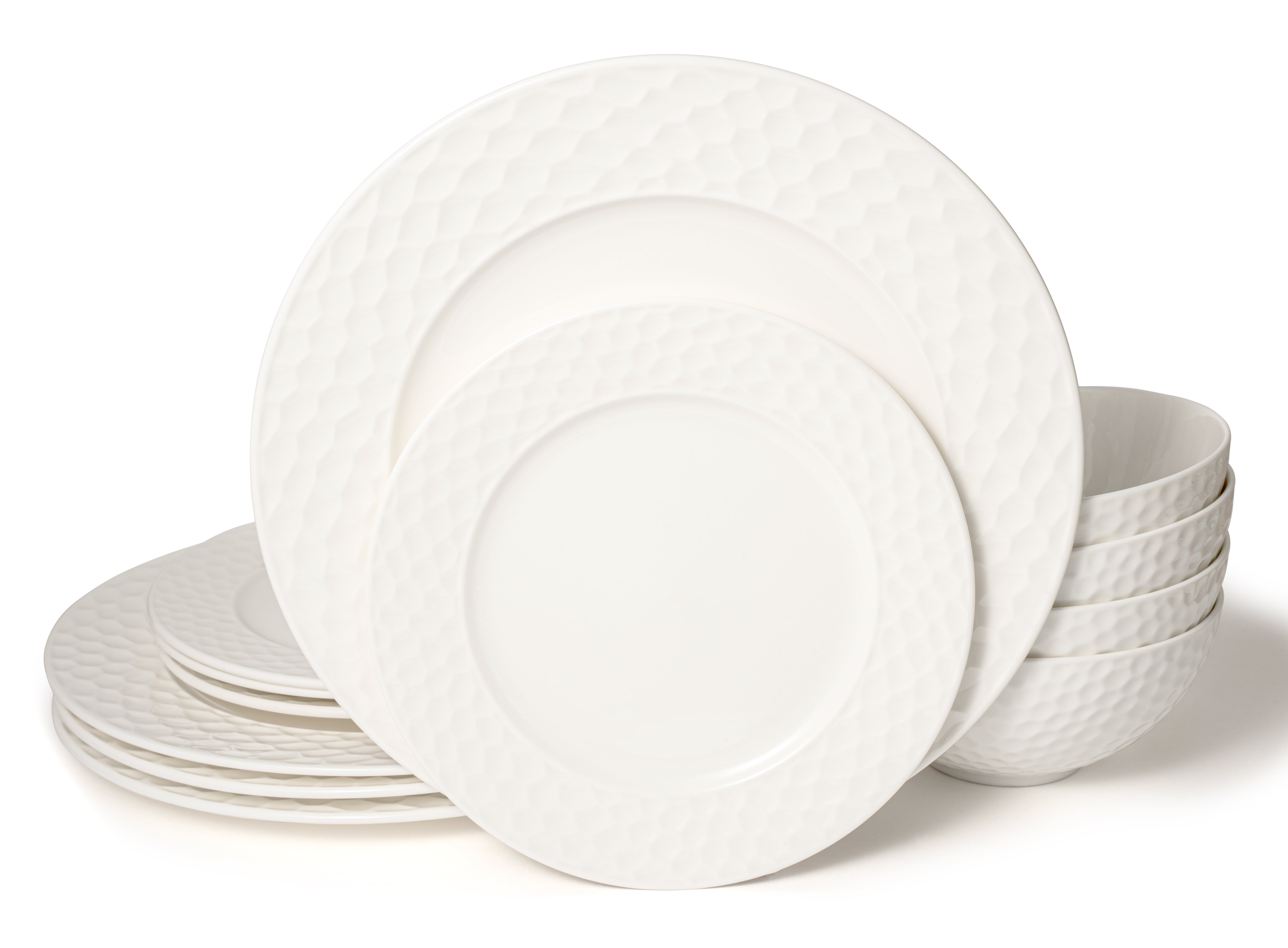 Santorini Collection - New Bone China 12 Piece Dinnerware Set (Honeycomb)